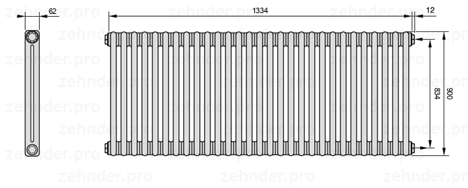 Схема (чертеж) Радиатор Zehnder Charleston 2090/29 №7610 Белый глянцевый RAL 9016